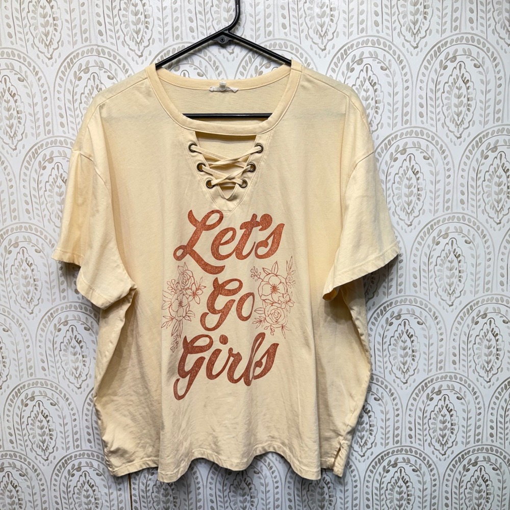 Maurices Graphic Tee Womens 2X Yellow Lets Go Girls Lace Up Neck Short Sleeve